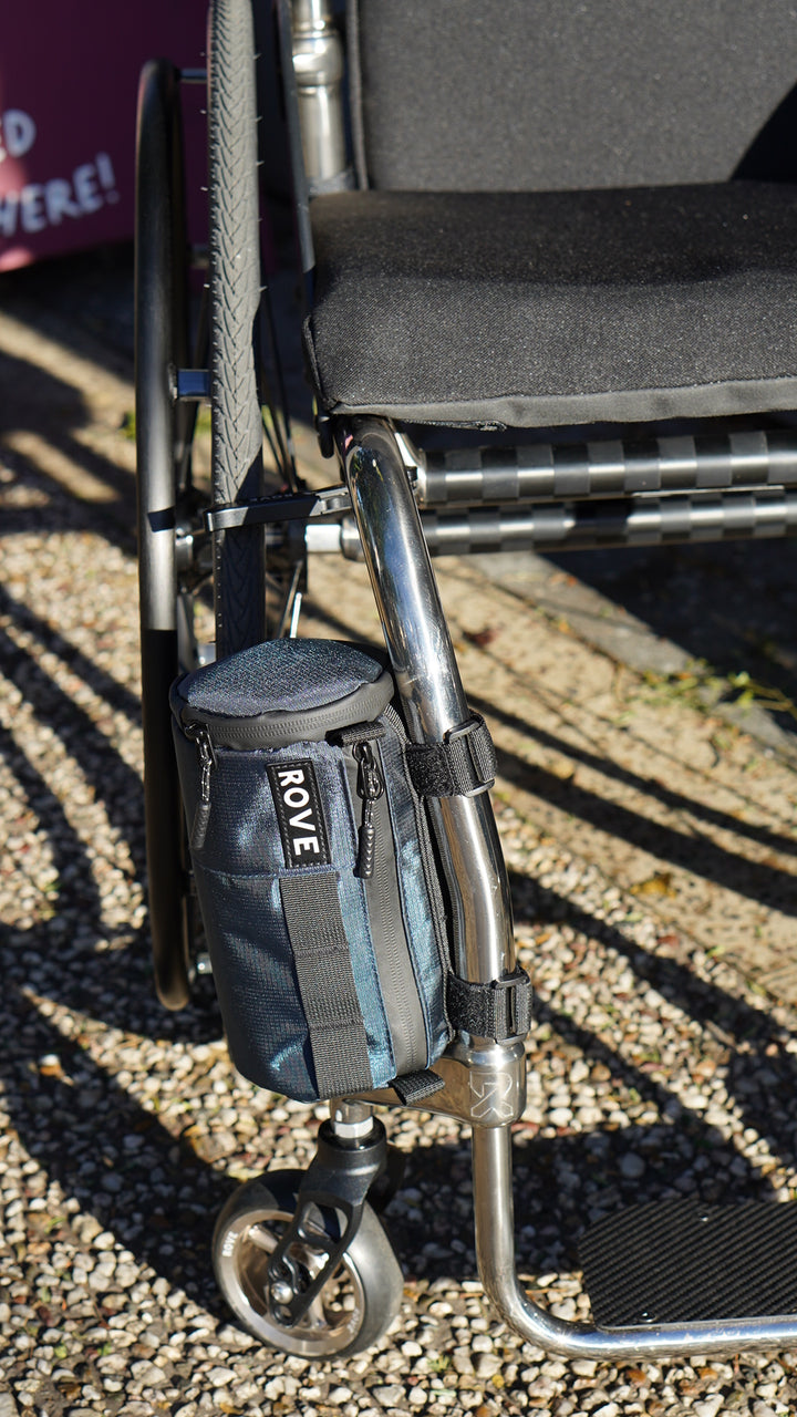 Rove Roll Bag mounted on wheelchair backrest